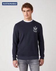 MĘSKA BLUZA WRANGLER GRAPHIC CREW DARK NAVY W6E2HAXAE 112130727. Niebieskie bluzy nierozpinane męskie Wrangler, m, bez wzorów, bez ramiączek, bez kaptura. Za 149.99 zł.