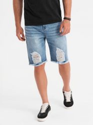Krótkie męskie spodenki jeansowe z przetarciami i dziurami jasnoniebieskie V2 OM-SRDS-0157 XXL. Niebieskie szorty sportowe męskie Ombre, bez wzorów, z jeansu, sportowe. Za 317.70 zł.