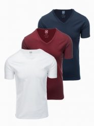Zestaw męskich koszulek bawełnianych V-neck BASIC – biały/granatowy/bordowy V13 - Rozmiar: XL. Czerwone t-shirty męskie Ombre Clothing, l, bez wzorów, z bawełny, bez kołnierzyka, bez ramiączek. Za 149.99 zł.