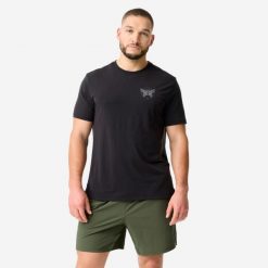 Koszulka sportowa męska Domyos. Czarne t-shirty sportowe męskie DOMYOS, l, bez wzorów, z elastanu, sportowe, bez ramiączek. Za 69.99 zł.