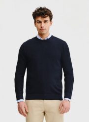 PAKO LORENTE – Granatowy sweter męski. Niebieskie swetry męskie Pako Lorente, bez wzorów, z bawełny, bez kołnierzyka, bez ramiączek. Za 139.99 zł.