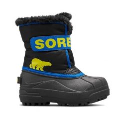 Śniegowce juniorskie Sorel Snow Commander. Czarne buty trekkingowe męskie Sorel, na zimę, bez wzorów, sportowe, bez obcasa, bez zapięcia. W wyprzedaży za 229.00 zł.