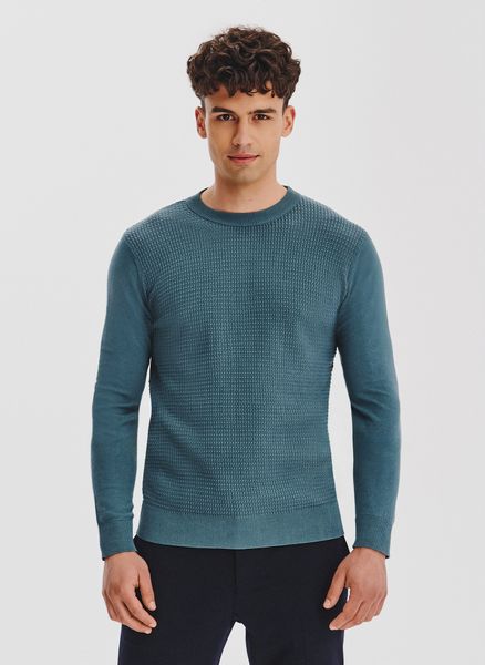 PAKO LORENTE - Turkusowy sweter męski. Niebieskie swetry męskie Pako Lorente, bez wzorów, z bawełny, bez kołnierzyka, bez ramiączek. Za 139.99 zł.