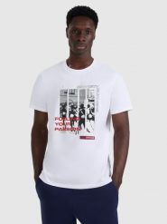 4F T-shirt regular z nadrukiem męski - biały XL. Białe t-shirty męskie 4f, m, bez wzorów, bez kołnierzyka, bez ramiączek. Za 69.99 zł.
