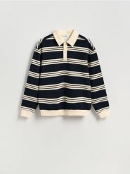 Bluza regular fit z kołnierzem - granatowy. Niebieskie bluzy nierozpinane męskie Reserved, l, bez wzorów, z bawełny, bez ramiączek, bez kaptura. Za 149.99 zł.