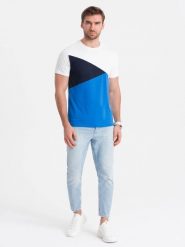T-shirt męski trójkolorowy bawełniany - biało-niebieski V4 - Rozmiar: L. Niebieskie t-shirty męskie Ombre Clothing, l, bez wzorów, z bawełny, bez kołnierzyka, bez ramiączek. W wyprzedaży za 24.99 zł.