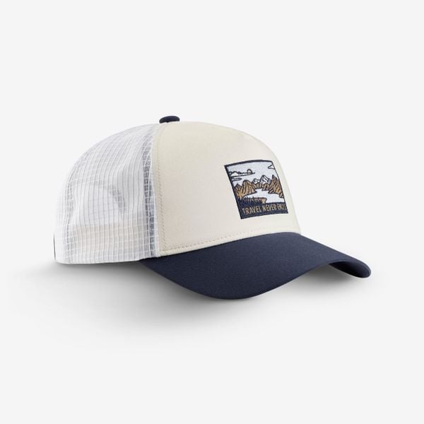 Czapka trekkingowa Travel 500 Trucker. Brązowe czapki męskie FORCLAZ, bez wzorów, z elastanu, sportowe. W wyprzedaży za 39.99 zł.