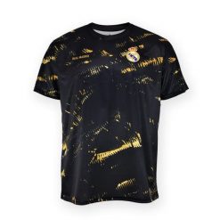 Czarno-złota koszulka treningowa Real Madryt. Czarne t-shirty sportowe męskie Real Madrid, bez wzorów, eleganckie, bez ramiączek. W wyprzedaży za 164.76 zł.
