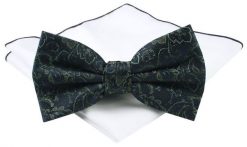Męska Mucha (Poszetka w Zestawie) - Chattier - Zielone Kwiaty, Granatowe Tło. Niebieskie krawaty i muchy męskie Chattier, bez wzorów, eleganckie. Za 59.00 zł.
