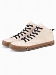 Kontrastowe męskie trampki z podwyższoną cholewką – beżowe V6. Brązowe trampki męskie Ombre Clothing, bez wzorów, z materiału, klasyczne, bez zapięcia. W wyprzedaży za 89.99 zł.