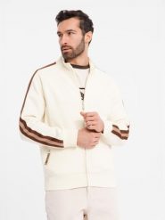 Męska bluza dresowa z wysokim kołnierzem i lampasami kremowa V3 OM-SSZP-0219 XXL. Białe bluzy nierozpinane męskie Ombre, m, bez wzorów, z dresówki, bez ramiączek, bez kaptura. Za 363.08 zł.