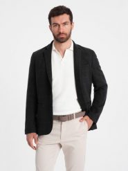 Żakardowa marynarka męska w delikatną kratę - czarna V2. Czarne marynarki męskie Ombre Clothing, m, bez wzorów, z materiału. W wyprzedaży za 149.99 zł.