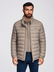 Męska pikowana kurtka z dwoma zapięciami - ciemnobeżowa V4 - Rozmiar: XL. Brązowe kurtki męskie Ombre Clothing, m, z aplikacjami, z materiału, eleganckie, bez ramiączek, bez kaptura. W wyprzedaży za 254.99 zł.