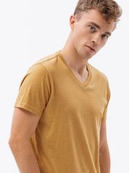 Klasyczna męska koszulka z dekoltem w serek BASIC - musztardowy melanż V19. T-shirty męskie Ombre Clothing, m, bez wzorów, z jeansu, bez kołnierzyka, bez ramiączek. W wyprzedaży za 19.99 zł.