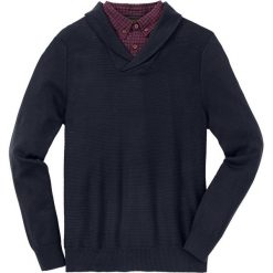 Sweter z koszulową wstawką Regular Fit bonprix ciemnoniebieski. Niebieskie swetry męskie bonprix, z koszulowym kołnierzykiem. Za 129.99 zł.
