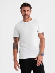 Męski klasyczny bawełniany T-shirt BASIC - biały V4 - Rozmiar: XL. Białe t-shirty męskie Ombre Clothing, m, bez wzorów, z bawełny, bez kołnierzyka, bez ramiączek. W wyprzedaży za 29.99 zł.