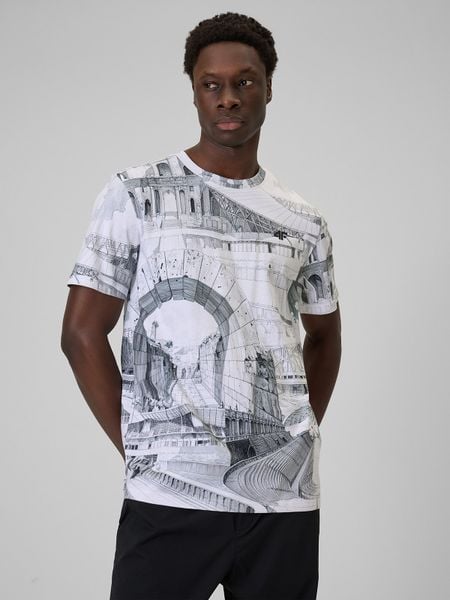 4F T-shirt regular z nadrukiem męski - czarno-biały M. Białe t-shirty męskie 4f, m, bez wzorów, z materiału, bez kołnierzyka, bez ramiączek. Za 79.99 zł.