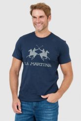 LA MARTINA Granatowy t-shirt męski z szarym logo. Niebieskie t-shirty męskie La Martina, l, bez wzorów, prążkowane, bez kołnierzyka, bez ramiączek. W wyprzedaży za 159.99 zł.