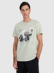 4F T-shirt regular z nadrukiem męski - turkusowy S. Niebieskie t-shirty męskie 4f, m, bez wzorów, ze skóry, bez kołnierzyka, bez ramiączek. Za 69.99 zł.