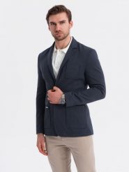 Męska marynarka SLIM z dzianiny o subtelnej strukturze – granatowa V3 - Rozmiar: XL. Niebieskie marynarki męskie Ombre Clothing, l, bez wzorów, z dzianiny. W wyprzedaży za 314.99 zł.
