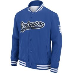 Kurtka Los Angeles Dodgers. Niebieskie kurtki męskie FANATICS, bez wzorów, sportowe, bez ramiączek, bez kaptura. W wyprzedaży za 323.00 zł.
