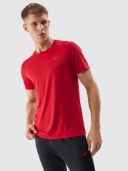 4F Koszulka treningowa regular z materiału z recyklingu męska - czerwona S. Czerwone t-shirty męskie 4f, m, bez wzorów, z dzianiny, bez kołnierzyka, bez ramiączek. W wyprzedaży za 39.99 zł.