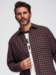 Koszula męska flanelowa w kratę - granatowo-ceglasta V6 - Rozmiar: L. Niebieskie koszule męskie Ombre Clothing, l, bez wzorów, z bawełny, bez kołnierzyka, bez ramiączek. W wyprzedaży za 79.99 zł.