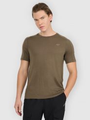 4F Koszulka trekkingowa z wełną merino męska - oliwkowa/khaki L. Brązowe t-shirty męskie 4f, l, bez wzorów, z materiału, bez kołnierzyka, bez ramiączek. Za 199.99 zł.