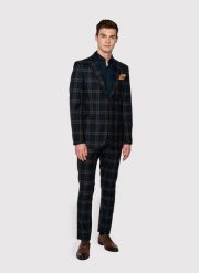 PAKO LORENTE – Granatowe spodnie garniturowe w kratę. Niebieskie eleganckie spodnie męskie Pako Lorente, bez wzorów, z elastanu. Za 159.99 zł.