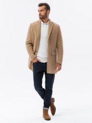 Płaszcz męski klasyczny jednorzędowy - piaskowy V2. Żółte płaszcze męskie Ombre Clothing, na wiosnę, m, bez wzorów, eleganckie, bez kaptura. W wyprzedaży za 199.99 zł.