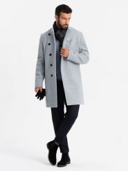 Płaszcz męski z wysokim kołnierzem i asymetrycznym zapięciem – szary melanż V1 OM-COWC-0120 - XXL. Szare płaszcze męskie Ombre Clothing, l, z aplikacjami, z materiału, eleganckie, bez kaptura. Za 311.99 zł.