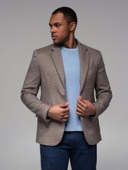 Marynarka męska casual w delikatną kratkę - brązowa V1 - Rozmiar: M. Brązowe marynarki męskie Ombre Clothing, m, bez wzorów, z poliesteru. W wyprzedaży za 149.99 zł.
