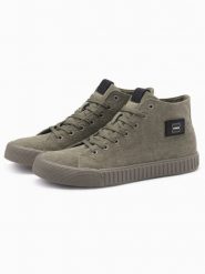 Buty męskie trampki canvas z wysoką cholewką – oliwkowe V2 - Rozmiar: 40. Zielone trampki męskie Ombre Clothing, z aplikacjami, z gumy, przed kolano, bez zapięcia. W wyprzedaży za 109.99 zł.