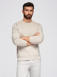Męska bluza dresowa BASIC z okrągłym dekoltem - jasnobeżowa V1 - Rozmiar: L. Brązowe bluzy nierozpinane męskie Ombre Clothing, l, bez wzorów, z bawełny, bez ramiączek, bez kaptura. Za 145.99 zł.