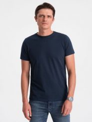 Klasyczny T-shirt męski bawełniany BASIC - granatowy V2 - Rozmiar: M. Niebieskie t-shirty męskie Ombre Clothing, m, bez wzorów, z bawełny, bez kołnierzyka, bez ramiączek. W wyprzedaży za 24.99 zł.