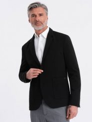 Marynarka męska z naszywanymi kieszeniami - czarna V5 - Rozmiar: L. Czarne marynarki męskie Ombre Clothing, l, bez wzorów, z materiału. W wyprzedaży za 229.99 zł.