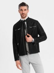 Kurtka męska biker ze stójką w stylu retro – czarna V2. Czarne kurtki męskie Ombre Clothing, m, bez wzorów, z materiału, retro, bez ramiączek, bez kaptura. W wyprzedaży za 189.99 zł.