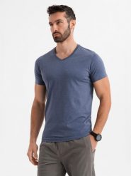 Męska klasyczna bawełniana koszulka z dekoltem w serek BASIC – niebieski melanż V18 OM-TSBS-0237 - XXL. Niebieskie t-shirty męskie Ombre Clothing, l, bez wzorów, z bawełny, bez kołnierzyka, bez ramiączek. W wyprzedaży za 39.99 zł.