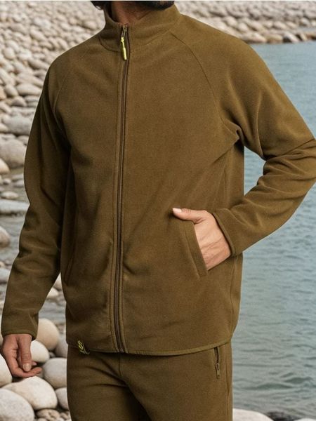 Rozpinana bluza polarowa bez kaptura - khaki. Brązowe bluzy rozpinane męskie Sinsay, l, bez wzorów, z polaru, bez ramiączek, bez kaptura. Za 59.99 zł.