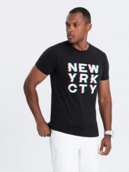 T-shirt męski bawełniany z nadrukiem - czarny V1 OM-TSPT-0162 - S. Czarne t-shirty męskie Ombre Clothing, m, bez wzorów, z bawełny, bez kołnierzyka, bez ramiączek. W wyprzedaży za 19.99 zł.