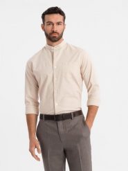 Koszula męska lniana ze stójką i kieszenią REGULAR FIT – kremowa V3 - Rozmiar: L. Białe koszule męskie Ombre Clothing, na lato, l, bez wzorów, z bawełny, bez kołnierzyka, bez ramiączek. W wyprzedaży za 164.99 zł.