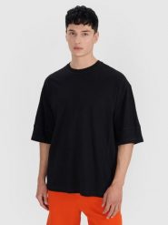 4F T-shirt oversize gładki męski - czarny M. Czarne t-shirty męskie 4f, m, bez wzorów, z bawełny, bez kołnierzyka, bez ramiączek. W wyprzedaży za 39.99 zł.