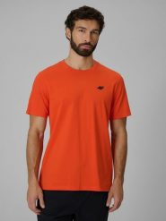 4F T-shirt regular gładki męski - pomarańczowy S. Brązowe t-shirty męskie 4f, m, bez wzorów, z materiału, bez kołnierzyka, bez ramiączek. Za 49.99 zł.