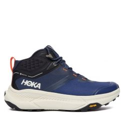 Trekkingi Hoka. Niebieskie buty zimowe męskie HOKA, bez wzorów, sportowe, bez obcasa, bez zapięcia. Za 849.99 zł.