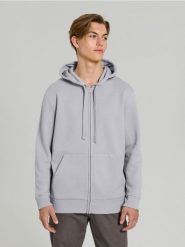 Rozpinana bluza z kapturem i kieszeniami - szary. Szare bluzy rozpinane męskie Sinsay, l, bez wzorów, bez ramiączek, z kapturem. Za 49.99 zł.