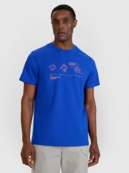 4F T-shirt regular z nadrukiem męski - niebieski XL. Niebieskie t-shirty męskie 4f, m, bez wzorów, z bawełny, bez kołnierzyka, bez ramiączek. W wyprzedaży za 49.99 zł.