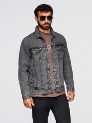 Jeansowa męska kurtka katana z washem – grafitowa V5 - Rozmiar: XXL. Szare kurtki męskie Ombre Clothing, m, bez wzorów, z bawełny, casualowe, bez ramiączek, bez kaptura. Za 339.99 zł.