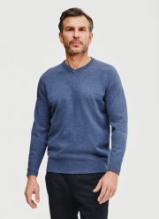 PAKO LORENTE – Niebieski męski sweter w serek. Niebieskie swetry męskie Pako Lorente, bez wzorów, z bawełny, bez kołnierzyka, bez ramiączek. Za 139.99 zł.