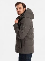 Męska kurtka casualowa puffer z wełną – ciemnooliwkowy melanż V4 OM-JAHP-0203 - XXL. Zielone kurtki męskie Ombre Clothing, l, z aplikacjami, z materiału, bez ramiączek. Za 371.99 zł.