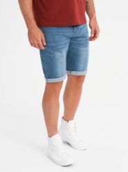 Jeansowe szorty męskie z podwiniętą nogawką - niebieskie V2 OM-SRDS-0164 XL. Niebieskie szorty sportowe męskie Ombre, bez wzorów, z jeansu, sportowe. Za 317.70 zł.